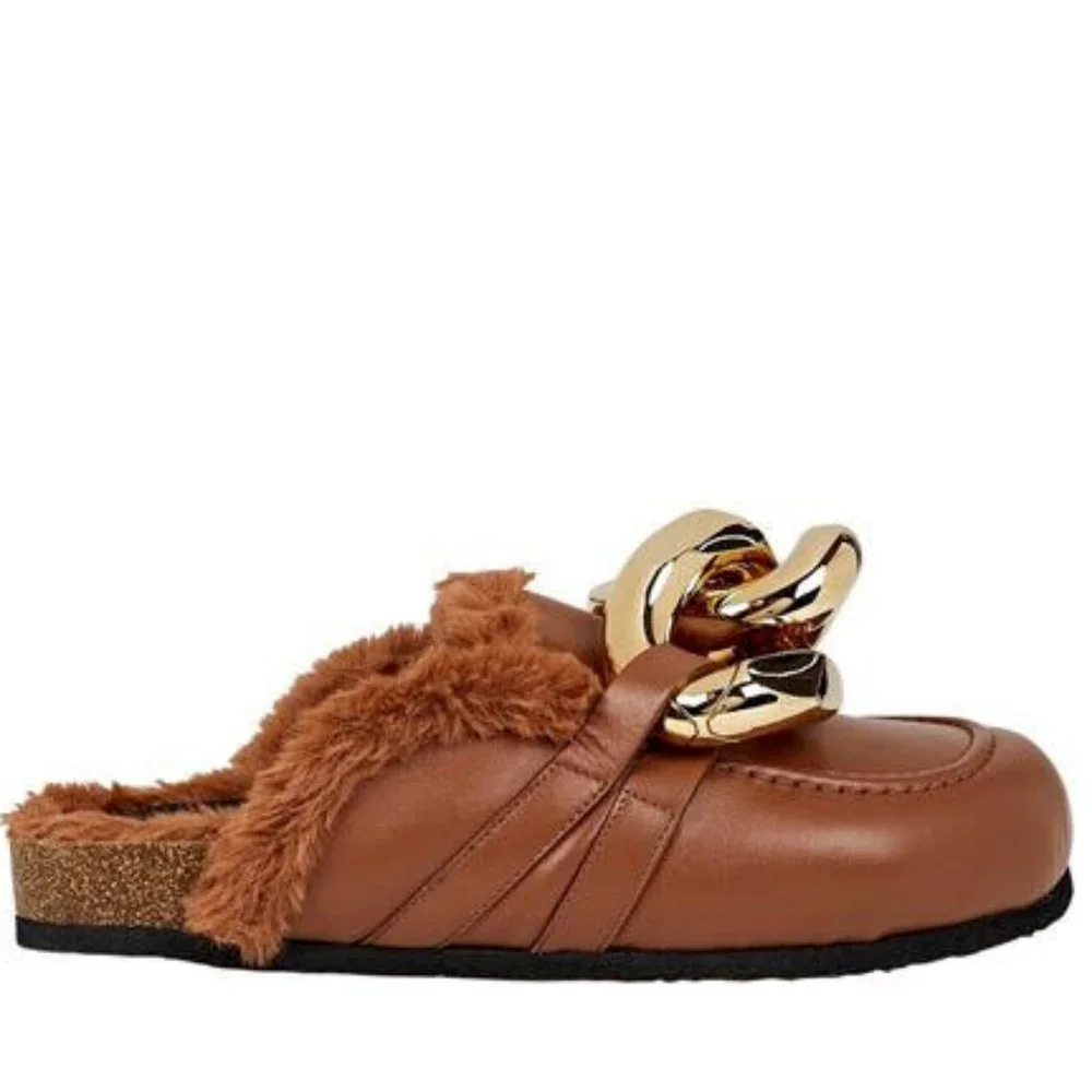 JW Anderson Leather Loafer Shearling Lined Gold Chain Brown Italy  NWOT - Picture 12 of 12